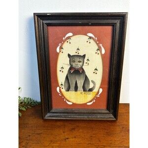 Vintage R Ross Theorem Painting Framed Grey Cat 6"x8" Country Folk Art